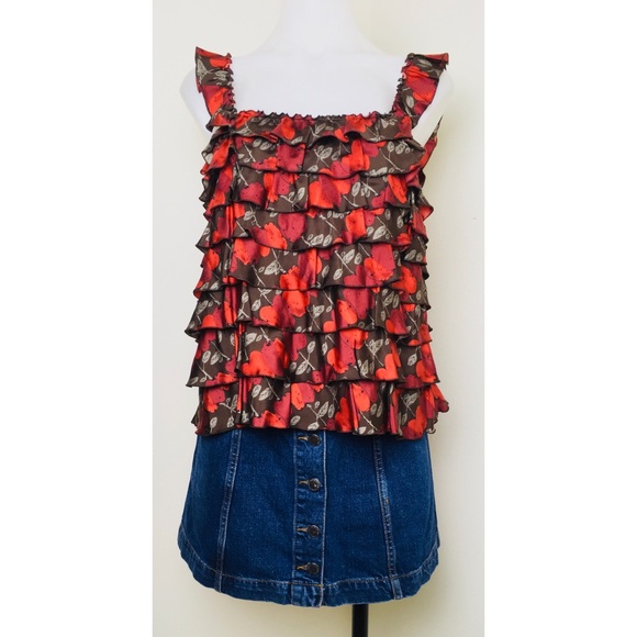 MOSCHINO Red Rose Print Tiered Ruffle Blouse - Picture 1 of 4